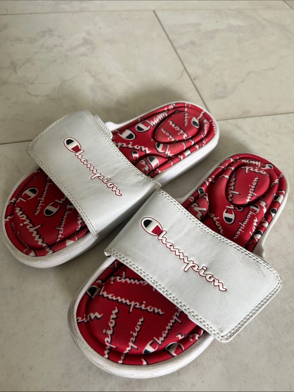 Champion White Slide Sandals with Red Logo Footbed for Kids